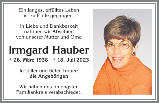 Traueranzeige von lrmgard Hauber von Allgäuer Zeitung, Füssen