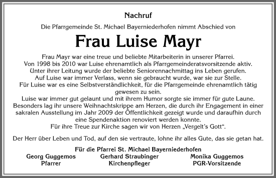 Traueranzeige von Luise Mayr von Allgäuer Zeitung, Füssen