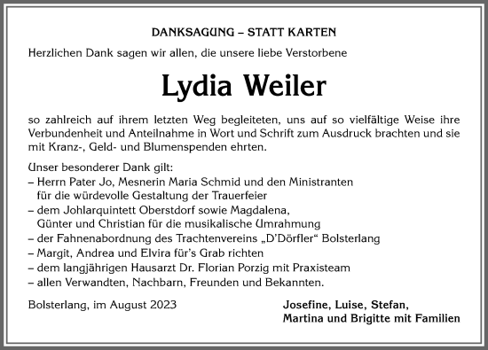 Traueranzeige von Lydia Weiler von Allgäuer Anzeigeblatt