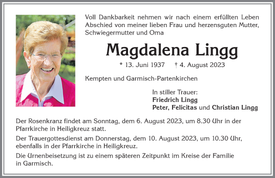 Traueranzeige von Magdalena Lingg von Allgäuer Zeitung,Kempten