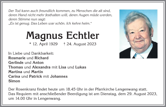 Traueranzeige von Magnus Echtler von Allgäuer Zeitung, Marktoberdorf