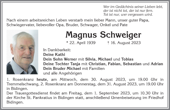 Traueranzeige von Magnus Schweiger von Allgäuer Zeitung, Marktoberdorf