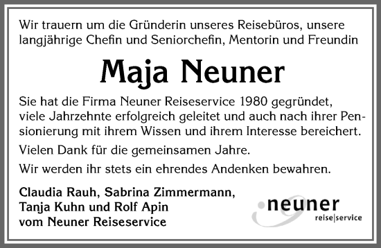 Traueranzeige von Maja Neuner von Allgäuer Zeitung,Kempten