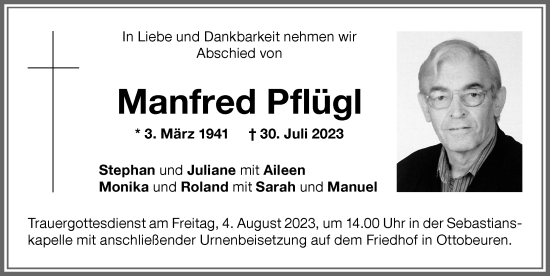 Traueranzeige von Manfred Pflügl von Memminger Zeitung