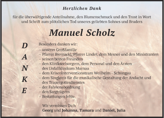 Traueranzeige von Manuel Scholz von Allgäuer Zeitung, Marktoberdorf