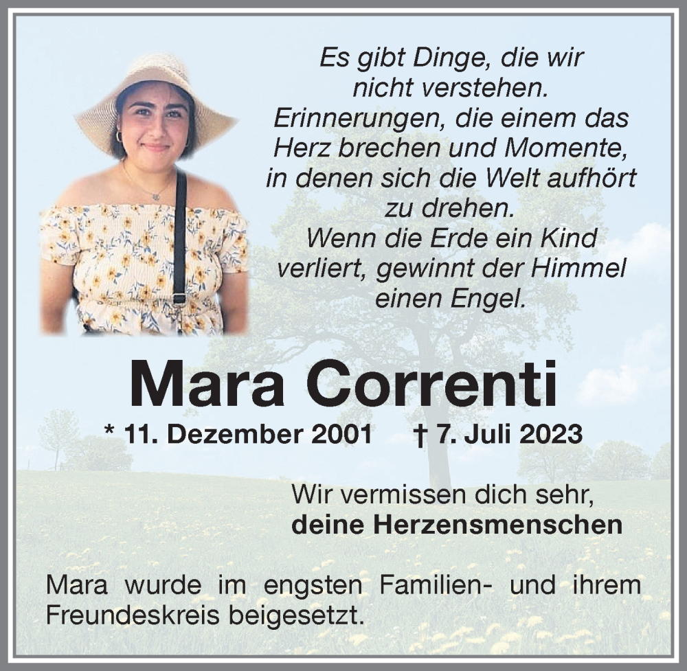  Traueranzeige für Mara Correnti vom 05.08.2023 aus Memminger Zeitung