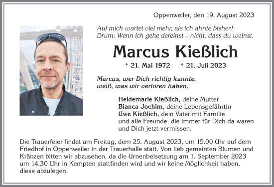 Traueranzeige von Marcus Kießlich von Allgäuer Zeitung,Kempten