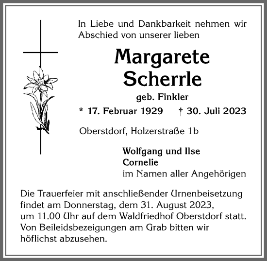 Traueranzeige von Margarete Scherrle von Allgäuer Anzeigeblatt