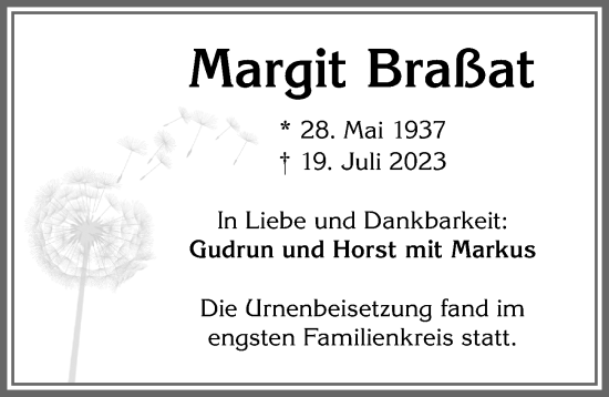Traueranzeige von Margit Braßat von Allgäuer Zeitung,Kempten