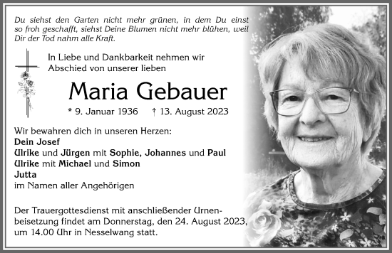 Traueranzeige von Maria Gebauer von Allgäuer Zeitung, Füssen