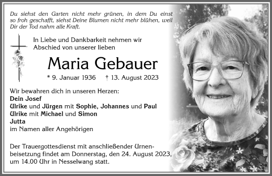 Traueranzeigen von Maria Gebauer Allgäuer Zeitung