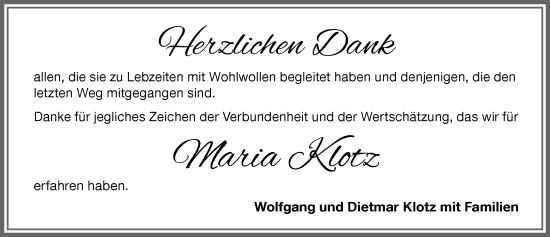 Traueranzeige von Maria Klotz von Memminger Zeitung