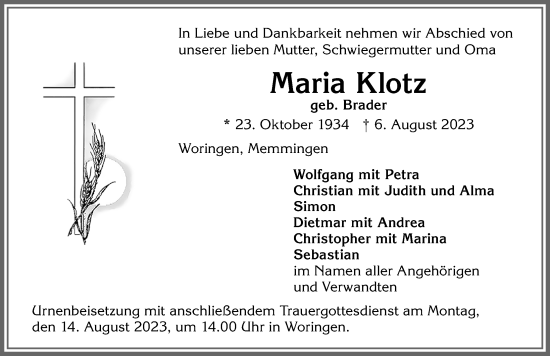 Traueranzeige von Maria Klotz von Memminger Zeitung