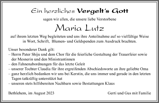 Traueranzeige von Maria Lutz von Allgäuer Zeitung, Marktoberdorf