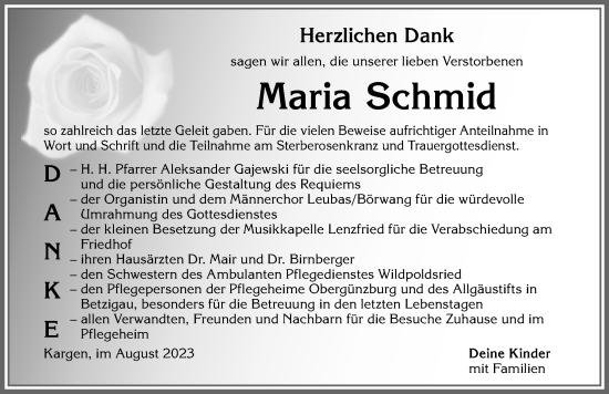 Traueranzeige von Maria Schmid von Allgäuer Zeitung,Kempten