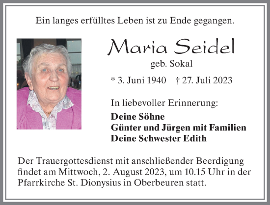 Traueranzeige von Maria Seidel von Allgäuer Zeitung, Kaufbeuren/Buchloe