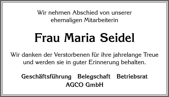 Traueranzeige von Maria Seidel von Allgäuer Zeitung, Marktoberdorf