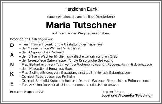 Traueranzeige von Maria Tutschner von Memminger Zeitung