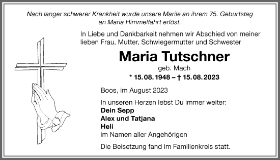Traueranzeige von Maria Tutschner von Memminger Zeitung
