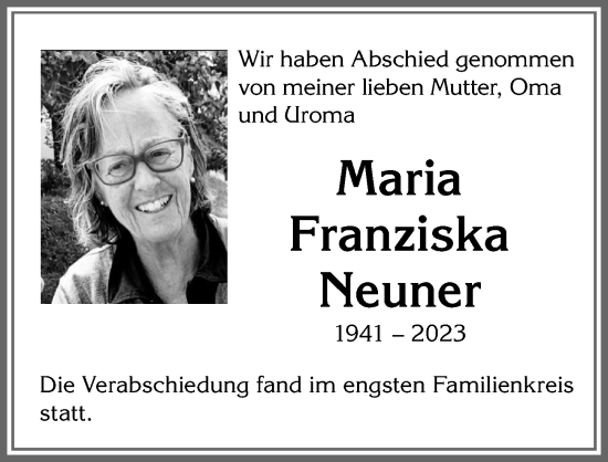 Traueranzeige von Maria Franziska Neuner von Allgäuer Zeitung,Kempten