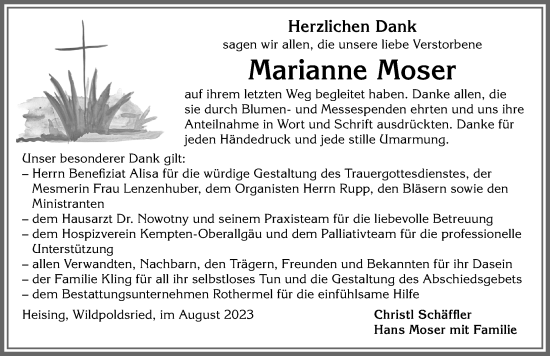 Traueranzeige von Marianne Moser von Allgäuer Zeitung,Kempten