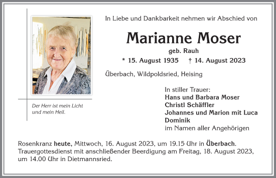 Traueranzeige von Marianne Moser von Allgäuer Zeitung,Kempten