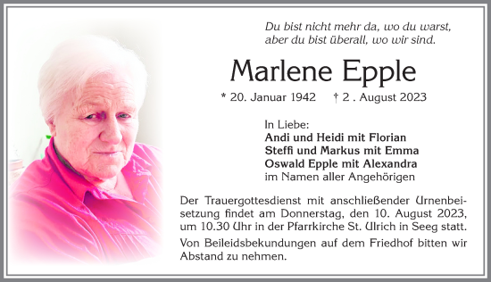 Traueranzeige von Marlene Epple von Allgäuer Zeitung, Füssen