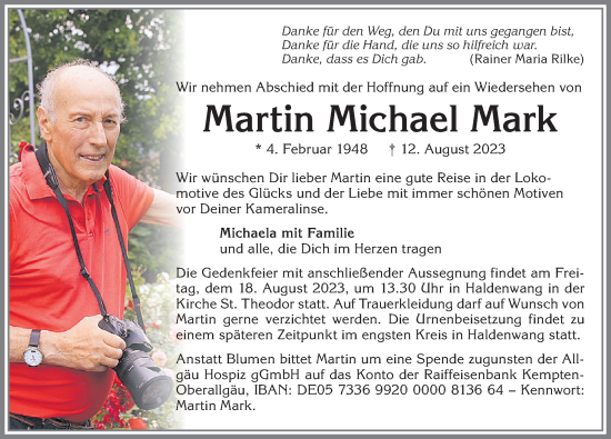 Traueranzeige von Martin Michael Mark von Allgäuer Zeitung,Kempten