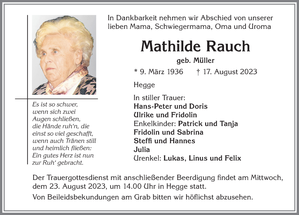 Traueranzeige für Mathilde Rauch vom 21.08.2023 aus Allgäuer Zeitung,Kempten