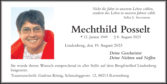 Traueranzeige von Mechthild Posselt von Der Westallgäuer