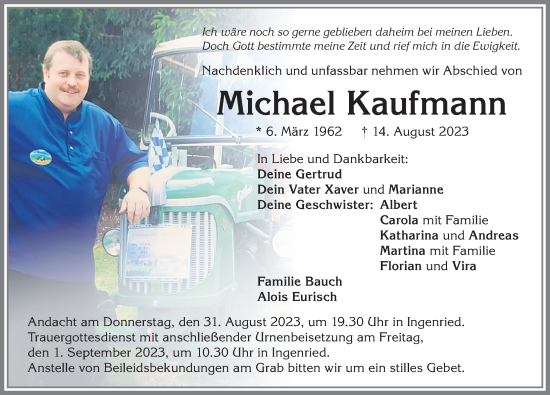Traueranzeige von Michael Kaufmann von Allgäuer Zeitung, Marktoberdorf