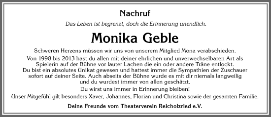 Traueranzeige von Monika Geble von Allgäuer Zeitung,Kempten