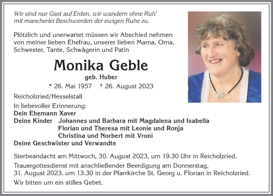 Traueranzeige von Monika Geble von Memminger Zeitung