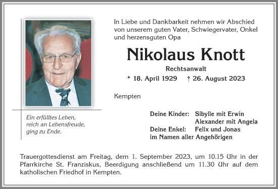 Traueranzeige von Nikolaus Knott von Allgäuer Zeitung,Kempten