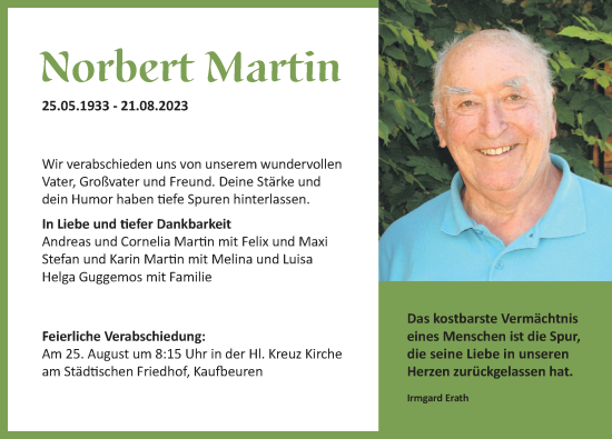Traueranzeige von Norbert Martin von Allgäuer Zeitung, Kaufbeuren/Buchloe