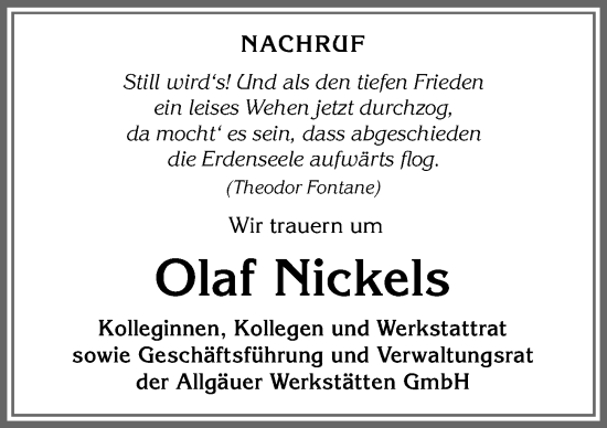 Traueranzeige von Olaf Nickels von Allgäuer Anzeigeblatt