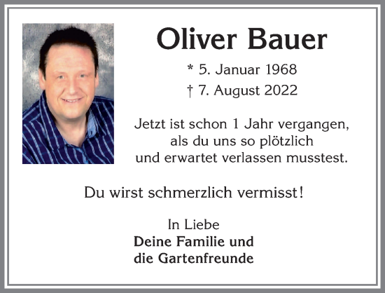 Traueranzeige von Oliver Bauer von Allgäuer Zeitung, Kaufbeuren/Buchloe