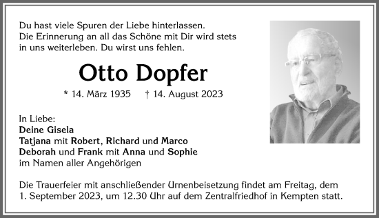 Traueranzeige von Otto Dopfer von Allgäuer Zeitung,Kempten