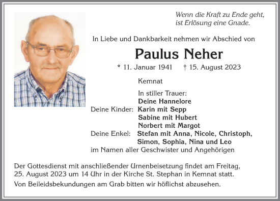 Traueranzeige von Paulus Neher von Allgäuer Zeitung, Kaufbeuren/Buchloe