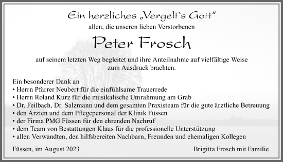 Traueranzeige von Peter Frosch von Allgäuer Zeitung, Füssen