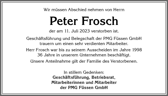 Traueranzeige von Peter Frosch von Allgäuer Zeitung, Füssen