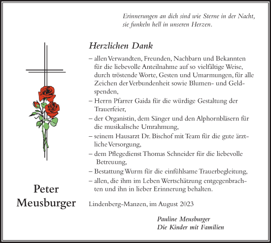 Traueranzeige von Peter Meusburger von Der Westallgäuer