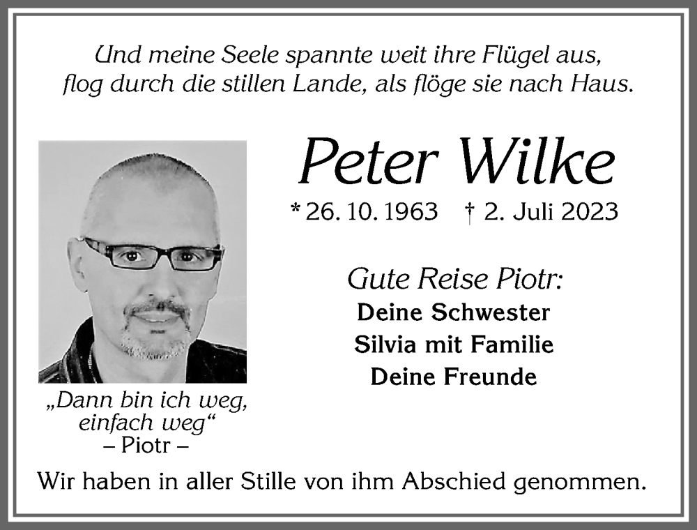  Traueranzeige für Peter Wilke vom 12.08.2023 aus Allgäuer Zeitung, Kaufbeuren/Buchloe