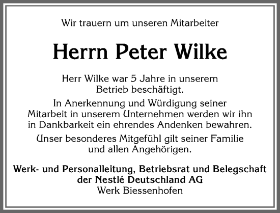 Traueranzeige von Peter Wilke von Allgäuer Zeitung, Marktoberdorf