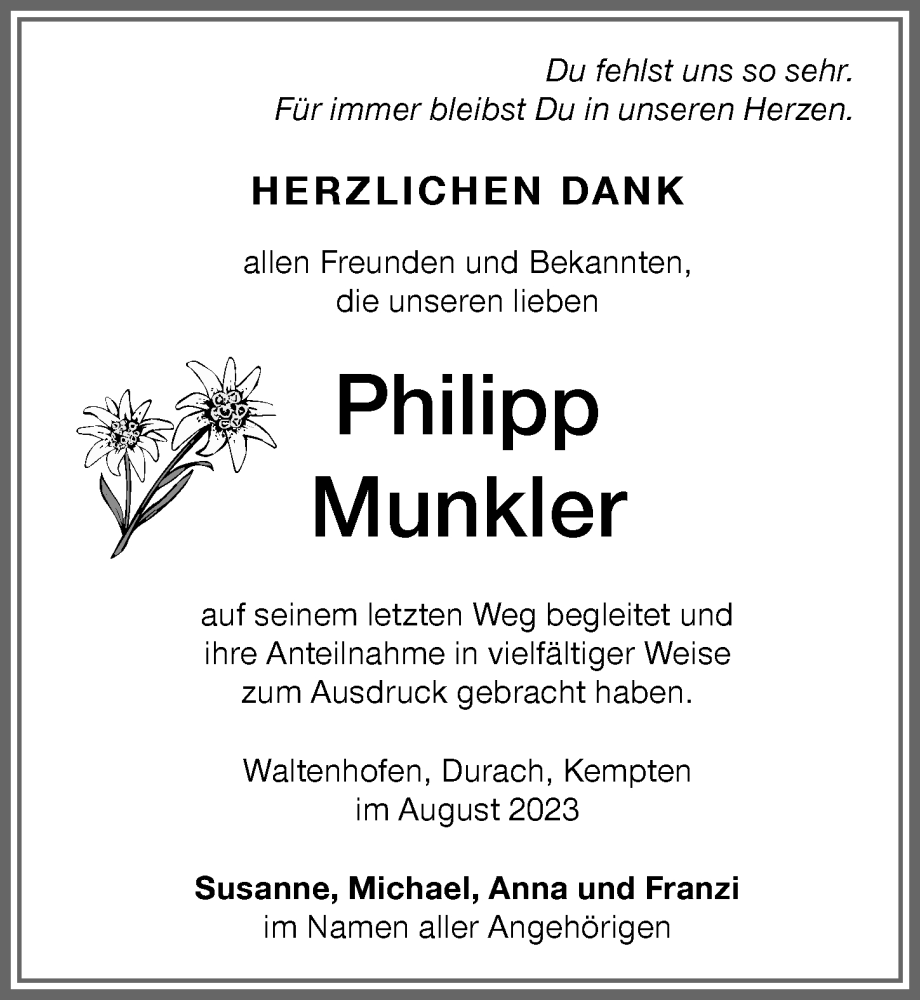  Traueranzeige für Philipp Munkler vom 05.08.2023 aus Allgäuer Zeitung, Gesamtausgabe