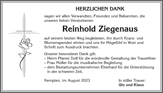 Traueranzeige von Reinhold Ziegenaus von Allgäuer Zeitung,Kempten