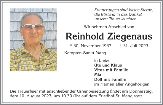 Traueranzeige von Reinhold Ziegenaus von Allgäuer Zeitung,Kempten