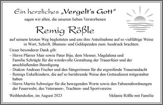 Traueranzeige von Remig Rößle von Allgäuer Zeitung, Marktoberdorf