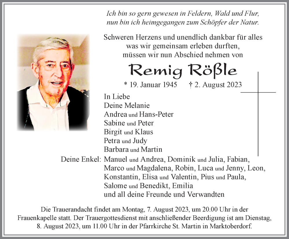  Traueranzeige für Remig Rößle vom 05.08.2023 aus Allgäuer Zeitung, Marktoberdorf