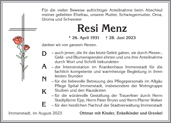 Traueranzeige von Resi Menz von Allgäuer Anzeigeblatt